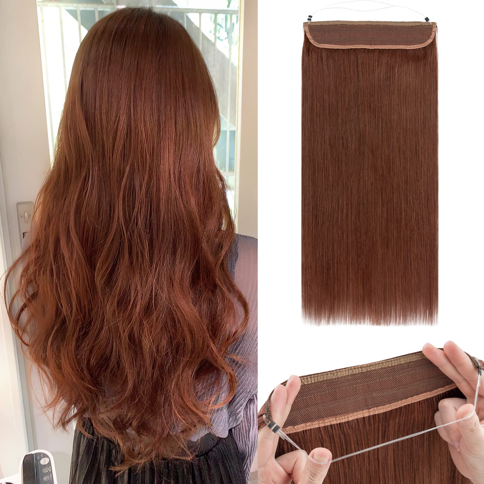 Photo 1 of Benehair Human Hair Extensions Thick Ends Invisible Wire Real Human Hair with 2 Fish Lines Thicker Hairpieces 18inch 100g Dark Auburn Hair Extensions Straight Thicker Hairpieces for Women #33