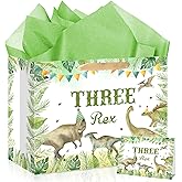 Dinosaur Gift Bag Three Rex 3rd Boy Birthday Party Decorations Gift Bags with Wrapping Tissue Paper and Greeting Card Dino Gift Bag for 3 Year Old Boys Kids Baby Shower Party Favors Supplies Decor
