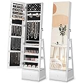 Nicetree 360°Swivel Jewelry Cabinet, Rotatable Full Length Mirror with Jewelry Storage, Standing Jewelry Armoire Organizer, Lockable Jewelry Organizer with 3 Rear Shelves, Bottom Drawer, Pure White