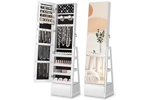 Nicetree 360°Swivel Jewelry Cabinet, Rotatable Full Length Mirror with Jewelry Storage, Standing Jewelry Armoire Organizer, Lockable Jewelry Organizer with 3 Rear Shelves, Bottom Drawer, Pure White