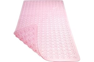 TEESHLY Bath Mat for Tub & Shower, Non Slip Soft Bathmat with Suction Cups & Drain Holes, Machine Washable Bathtub Floor Liner Mats for Bathroom, 35x16 Inch, Clear Pink