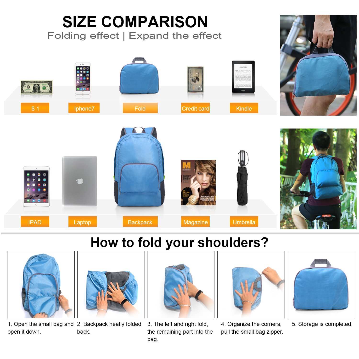 Kitdine Mochila Ultraligera Plegable Duradera Perfecta para Viajes Montañismo Mochila Compacta Carga de 20L (Azul)