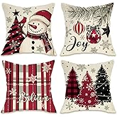 Fahrendom Christmas Tree Snowman Decorative Throw Pillow Covers 18 x 18 Set of 4, Xmas Balls Red Black Plaid Porch Outdoor Pillowcase, Joy Believe Winter Holiday Sofa Couch Cushion Case Home Decor
