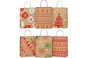 BagDream Christmas Gift Bags 24Pcs 8X4.25X10.5 Kraft Paper Gift Bags with Handles 6 Christmas Patterns Paper Sacks for Xmas Party Favor, Happy Holiday