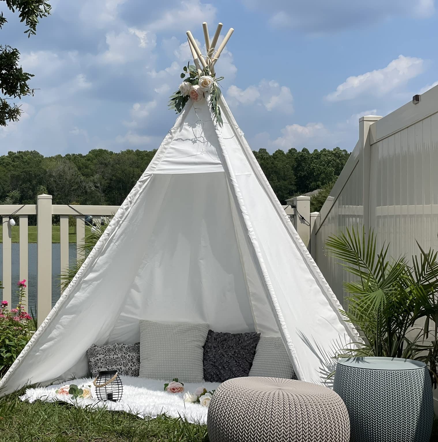 7' Large Teepee Tent for Adults, Play Tent with Carry Bag, 5 Sides Canvas Kids Teepee Tent Indoor & Outdoor Tents for Party, Wedding, Photo Prop, White