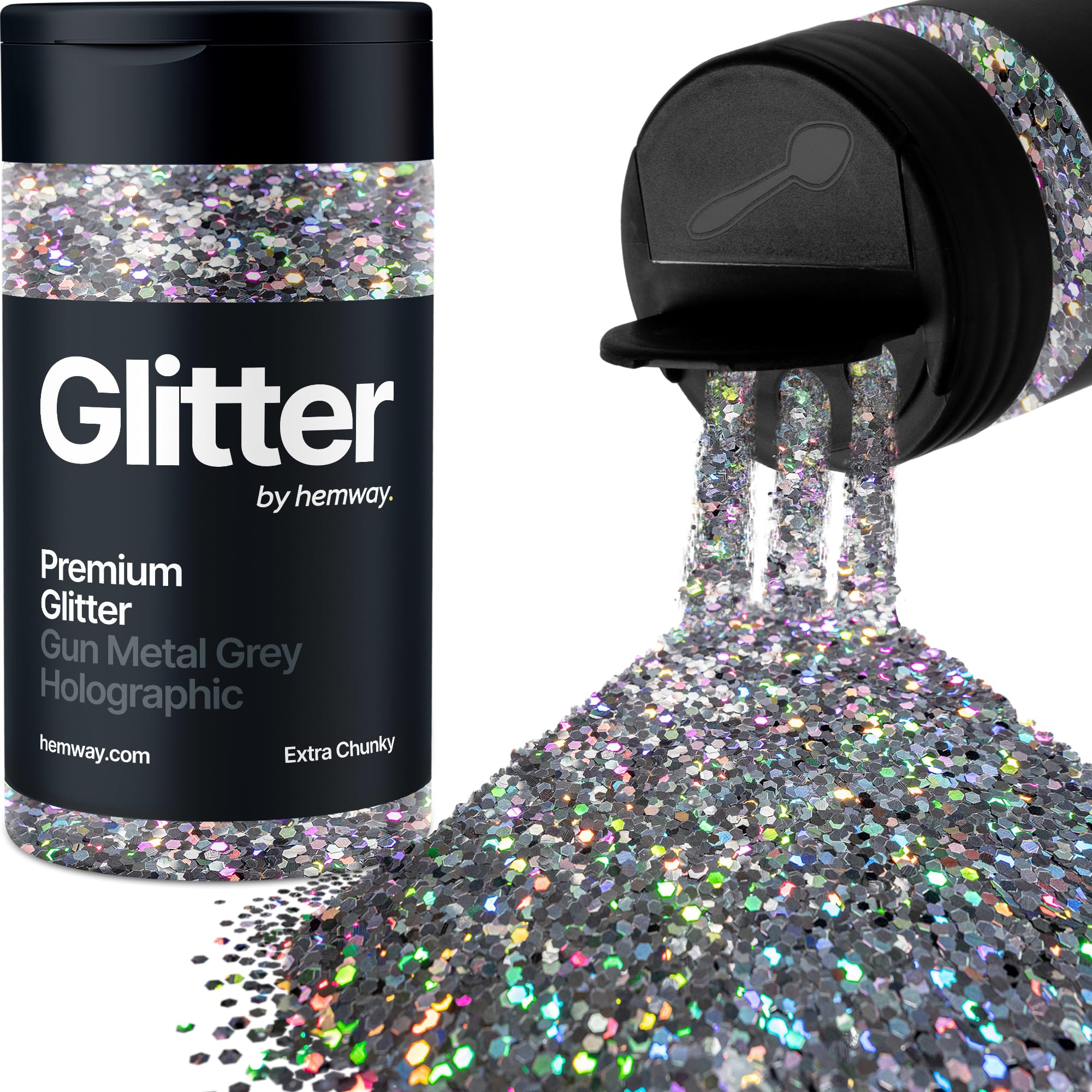 Holographic Gun Metal Grey Glitter Shaker, 130g Extra Chunky Glitter, Crafts 1/24" Metallic Flake Gun Metal Grey Sequins, Resin & Epoxy Crafts, Decorating, Halloween, Christmas Nail, Face, Hemway — image 1