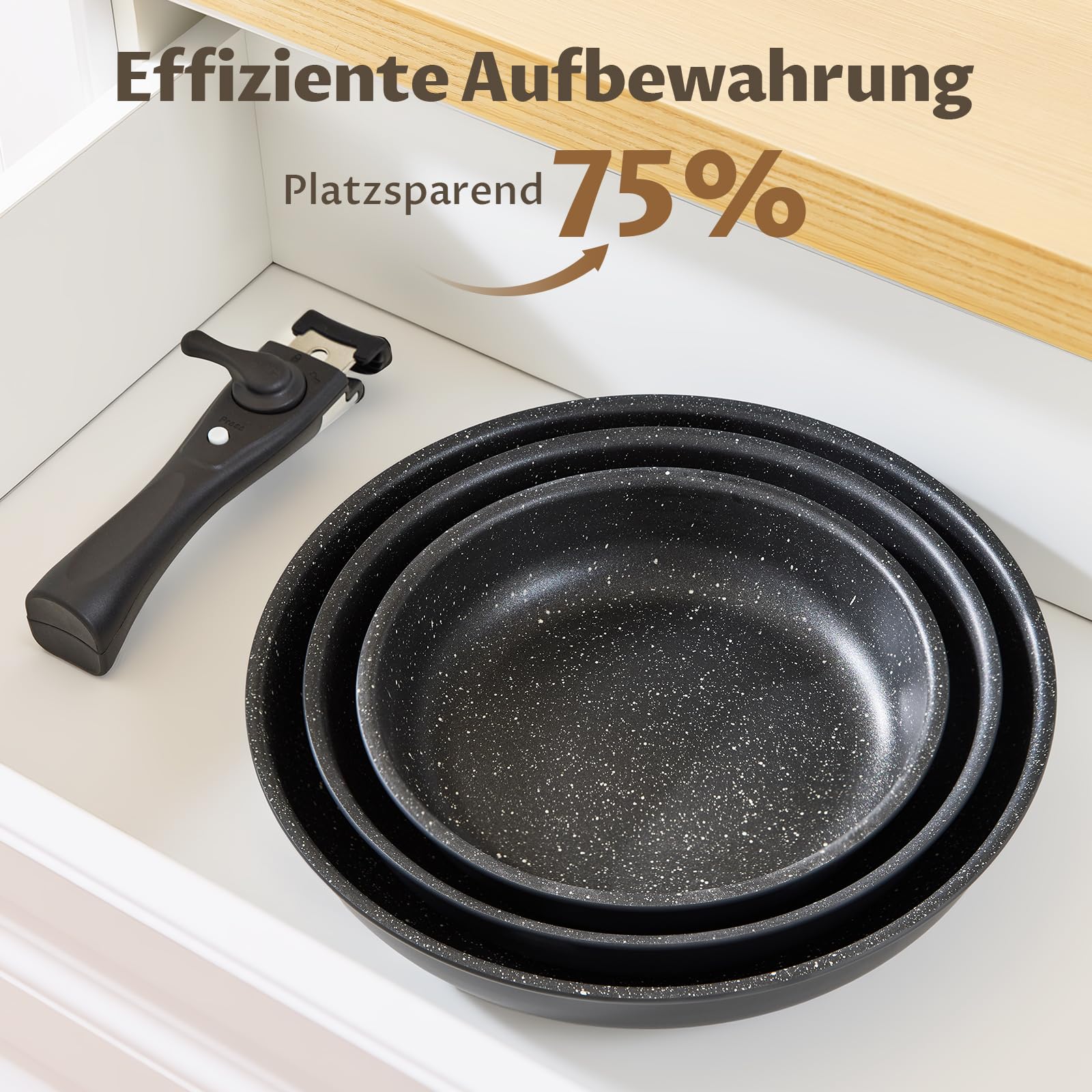 Fadware Pfannenset Induktion, Antihaftbeschichtete Bratpfanne 20, 24, 28 cm mit Abnehmbarem Griff für Kleine Küchen & Wohnmobile, Pfannen Set Stapelbar Platzsparend, für Alle Herdarten, Backofenfest 2