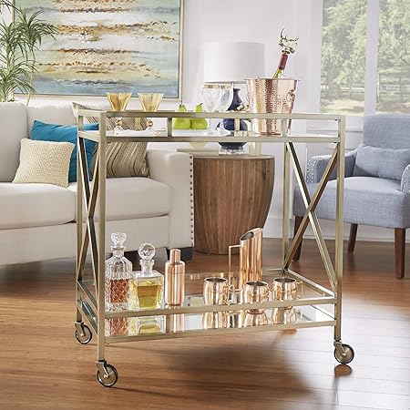 Amazon Com Antique Brass Metal Mobile Bar Cart With Mirror Glass