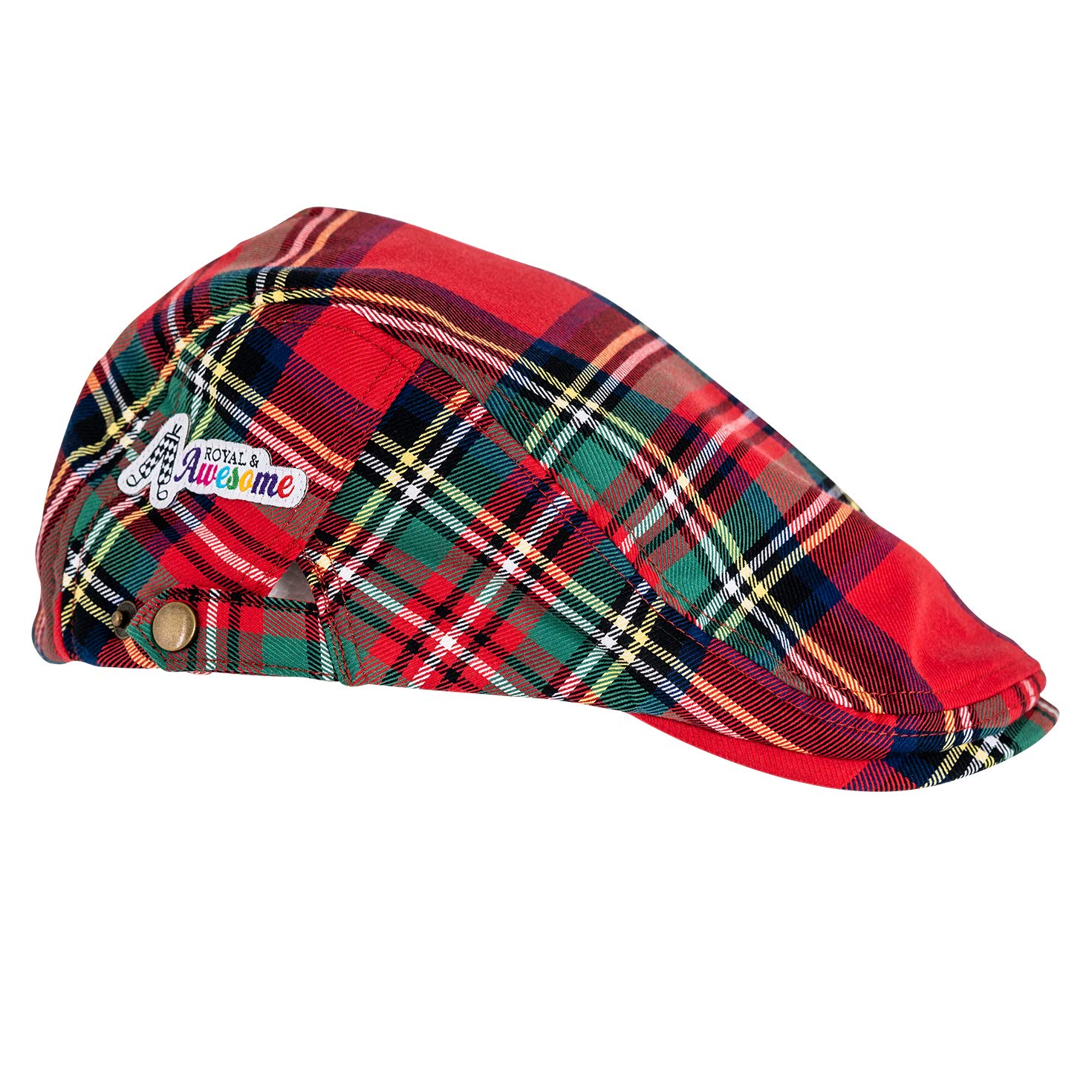 Royal & Awesome Royal Steward Tartan Funny Golf Flat Cap, Bold Red Tartan Novelty Golf Hat for Men, One Size