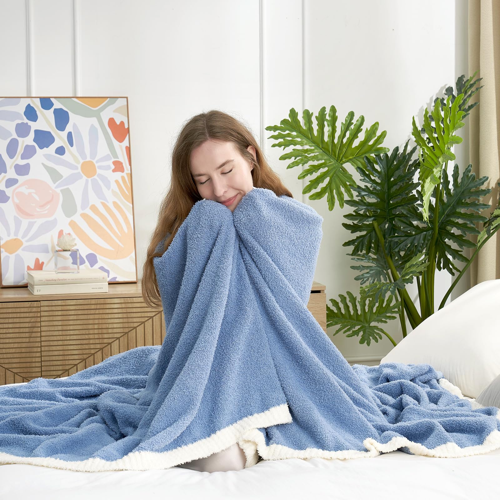 Photo 1 of Snuggle Sac Blue Throw Blanket for Couch Bed Sofa 60x80 inches, Reversible Blue Blanket Microfiber Fluffy Fuzzy Cozy Knit Twin Blanket for Women Mothers Birthday Gifts