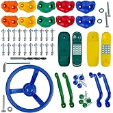KINSPORY 10pc Climbing Holds, 4pc Grips, 2pc Play Phones, Steering Wheel | Activity toy for Kids, anti-slip colourful pig nose rock wall, playground accessories, Tree House Play Set Climber Attachment