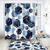 LQCOOL 4Pcs Blue Bathroom Set Geometric Shower Curtain Set Modern Art Shower Curtain for Bathroom with 12 Hooks, Bathroom Carpet Bath Mat and Toilet Rugs