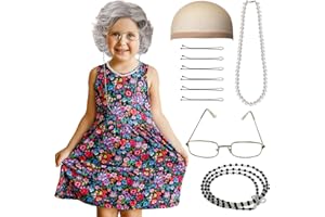 Moucuny 11 Pcs Old Lady Costume Set for Kids Girls Women Grandma Wig Glasses Chain Pearl Necklace for Granny Cosplay(Dark Gray)