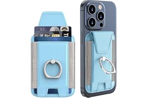 KPNEOL Magnetic Wallet Card Holder for iPhone 15/14/13/12 Series, 360°Rotation Finger Ring Kickstand, RFID Blocking, Store 7 Cards, Cell Phone Sleeves Mag-Safe Wallet, Light Blue