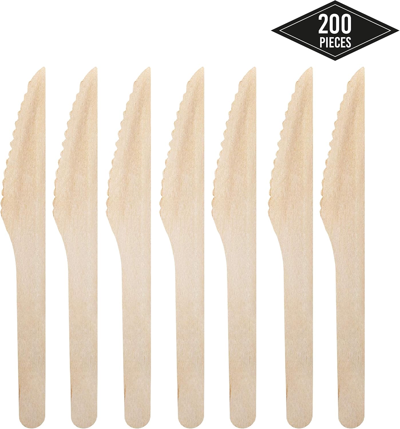MATANA 200 Premium Wooden Knives 16cm, Serrated Wood Knife Cutlery for BBQs Picnics, Weddings, Parties & Catering