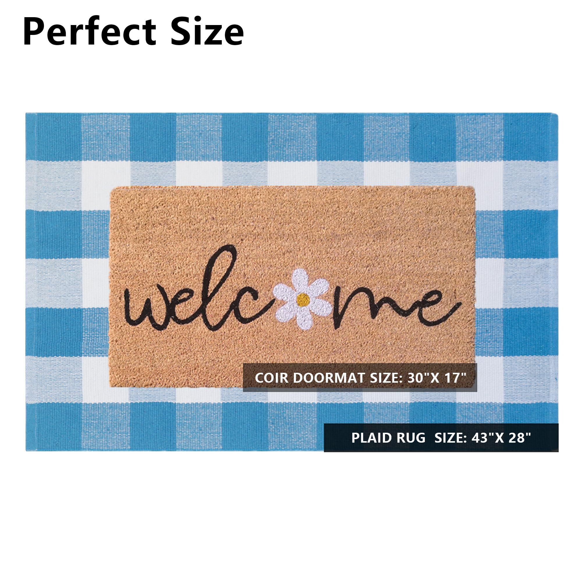 Fallovea Spring Welcome Door Mats Combo Set, 100% Coco Coir Doormat with Welcome & Flower + 28" x 43" Blue and White Plaid Rug, Front Porch Entryway Decor Indoor Outdoor Floor Easter Mats - Image 4