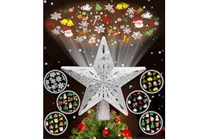 Tsorode Christmas Tree Topper Lighted,Star Tree Topper with Projector Built-in LED Rotating Lights with 6 Projection Modes,3D Glitter Dynamic Projection Christmas Decorations (Silver)