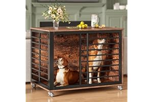 Saudism 45 Inch Large Dog Crate Furniture with Flip Top, Heavy Duty Dog Kennel with Wheels, Wooden Dog Cage Table Indoor, for Large/Medium/Small Dogs, 45×30×31 Inch