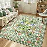 Wokuaile Area Rugs 8x10, Washable Floral Rug Non Slip Vintage Large Soft Carpet Indoor Stain Resistant Thin Carpets for Bedroom Dining Room Farmhouse Nursery Hallway Home Office,Sage Green