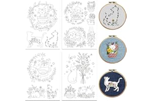 Peacoblue Water Soluble Embroidery Patterns for Beginners Flowers Teacup Cat 4 Sheets with 14pcs Patterns, Wash Away Stick and Stitch Embroidery Pattern Stabilizer for Hand Sewing Lover Women Adults
