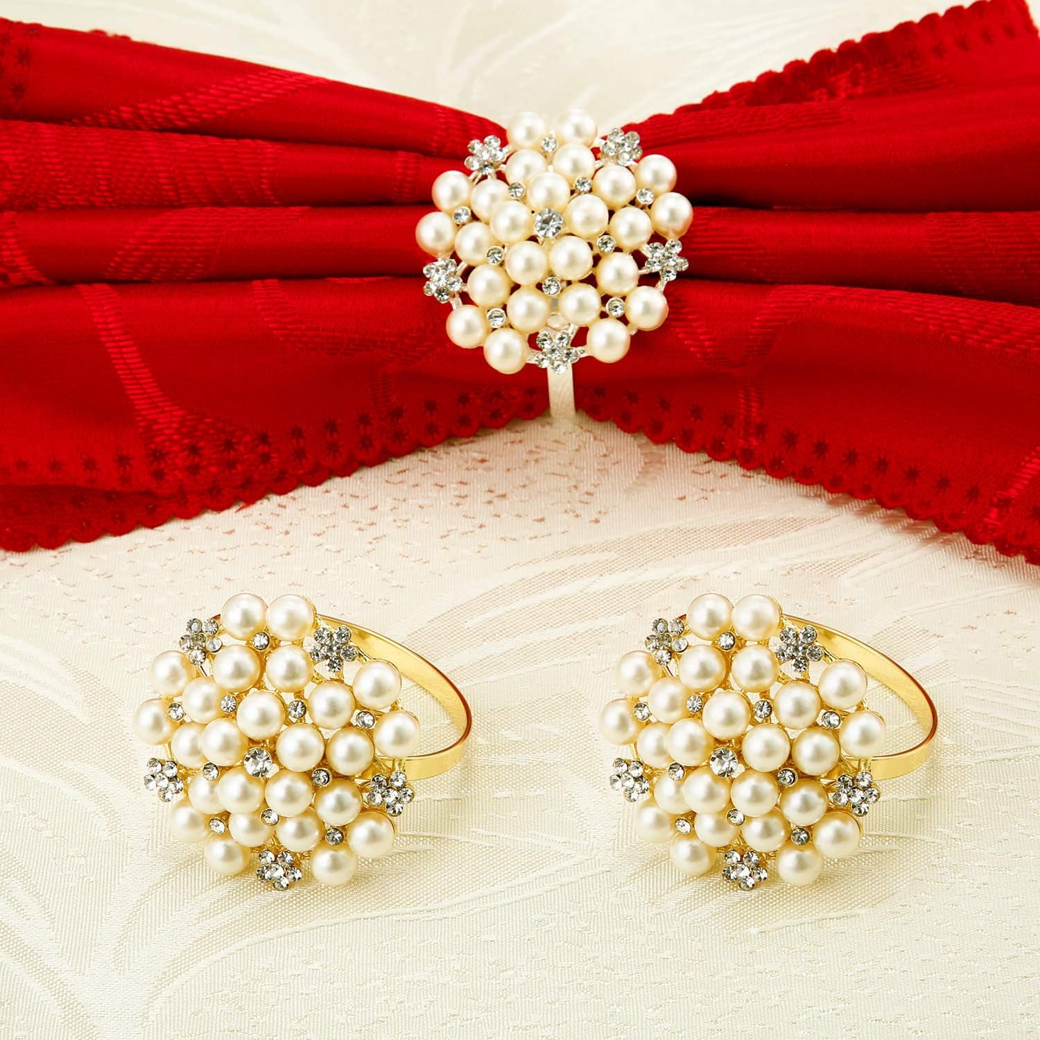 Pearls Napkin Rings Set of 12 Pearls Round Flower Napkin Buckles Rhinestone Napkin Holders for Wedding Banquet Home Party Kitchen Decorations Dining Table Linen Accessories (Gold): Home & Kitchen