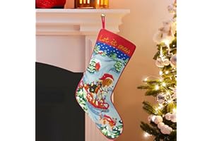 Amélie Home Needlepoint Christmas Stocking 18” Sledding Dog Cat Snowflakes Christmas Trees Embroidered Xmas Stockings Vintage Handcrafted Holiday Home Party Decor Gift for Kids Family Friends