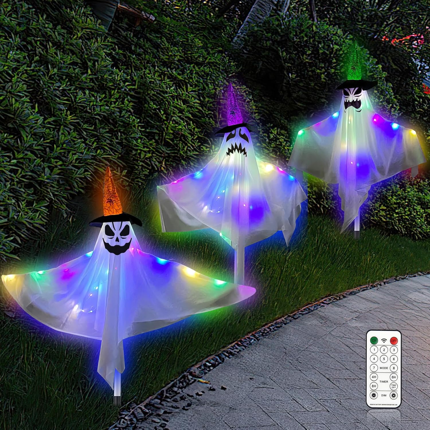 Decorative Garden Stakes - Halloween Outdoor Decor, Set of 3 Lighted White Ghost Yard Stakes Creepy Spooky Ghost Stakes with LED Lights Waterproof Battery Operated with Remote Control for Patio Lawn Haunted House