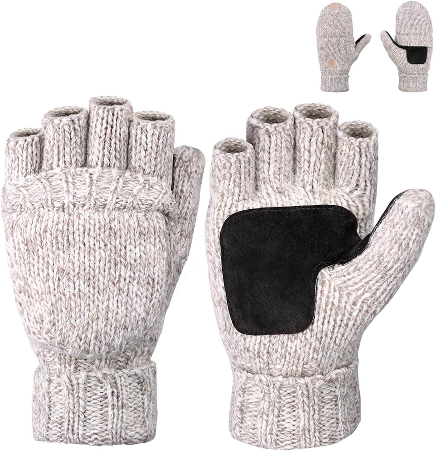 Petrunup Winter Wool Blended Knit Fingerless Gloves Half Finger Mittens with Fleece Lining for Mens & Womens Driving