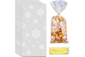 LXZYU Christmas Treat Bags, Christmas Candy Bags, Snowflake Cellophane Treat Bags with Twist Ties, Clear Plastic Cello Cookie Snack Goodie Gift Bag Packing Bags for Winter Holiday Party Favors Supplies, 50 PCS
