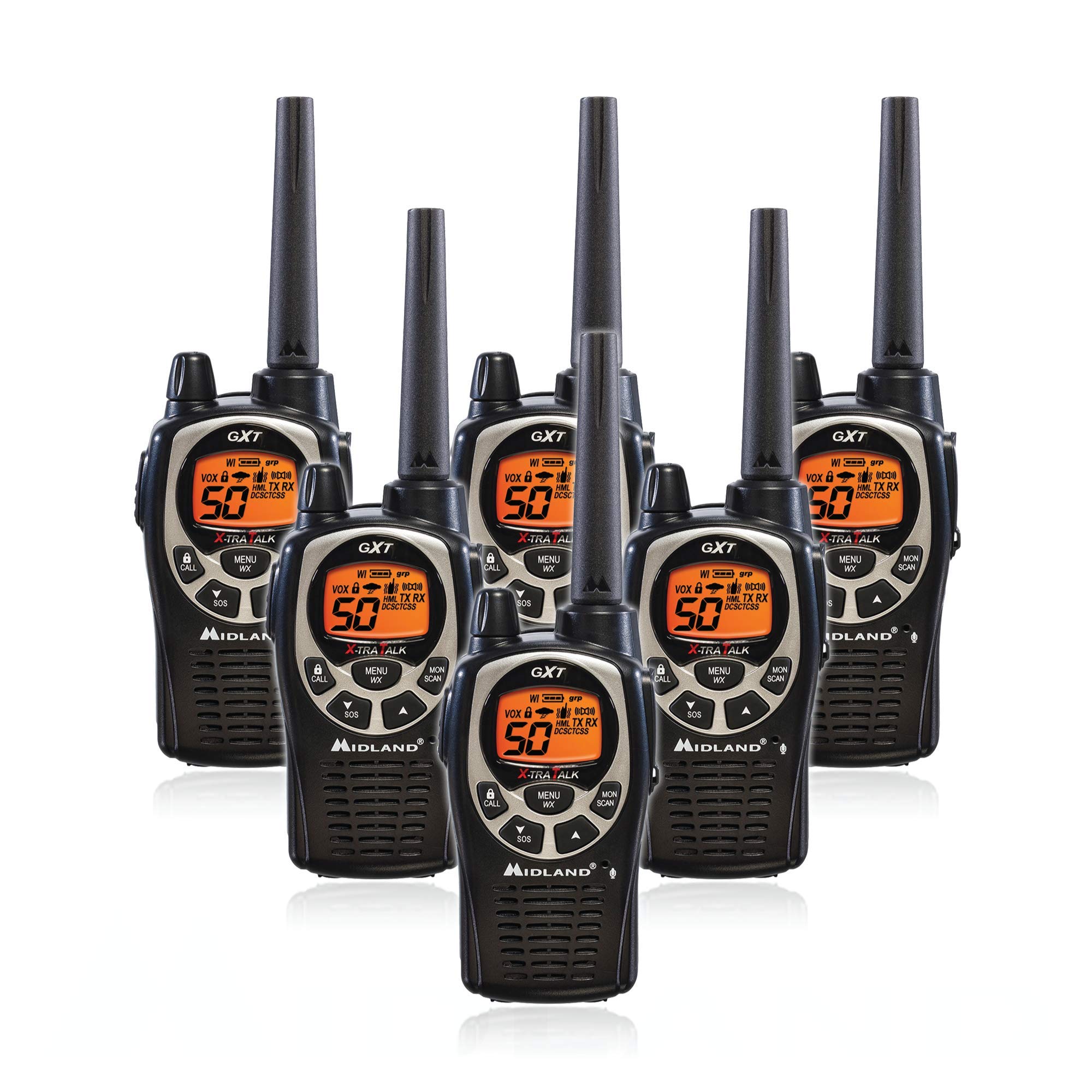Midland GXT1000VP4 Radio bidireccional GMRS de 50 canales - Walkie Talkie de alcance de hasta 36 millas - Negro/Plata (paquete de 6)
