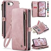 Defencase for iPhone 16E Case Wallet with RFID Blocking Card Holder Slots for Women Men, Elegant PU Leather Magnetic Snap Flip Wristlet Strap Zipper Wallet Phone Cases for iPhone 16e 2025, Pink