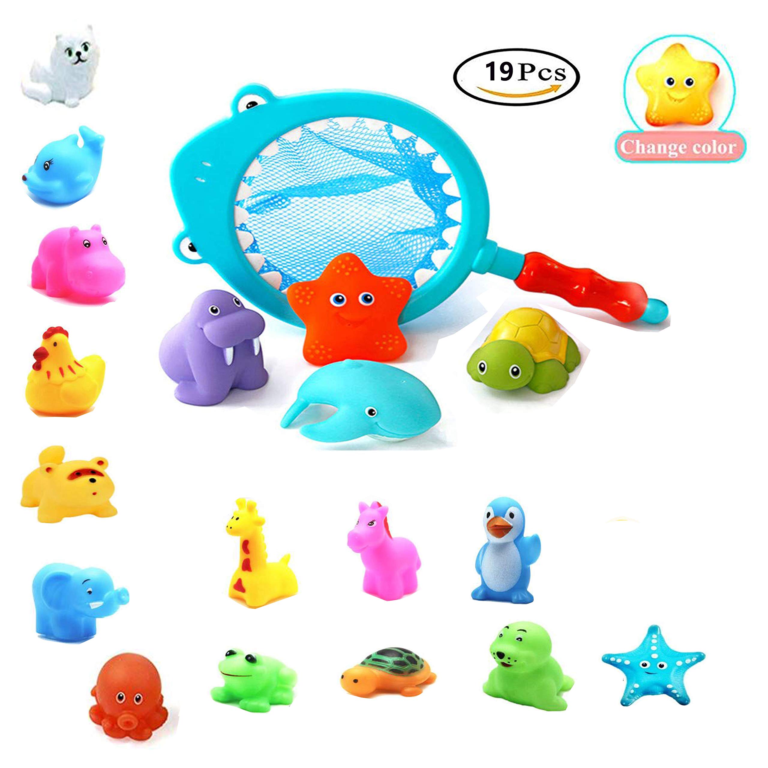 SouthStar Baby Bath Toys, 18pcs Baby Squirt Toys with Fishing Net,Floating Bath Toy Animals Bath Squirters, Bright Entertaining Toy for Children in Pool, Beach or Kids Bathtub 