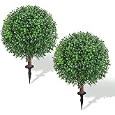 24.8" Artificial Boxwood Topiary Ball Tree with Ground Plugs [Set of 2] UV Protected Artificial Shrubs, Fake Evergreen Artificial Plants for Indoor and Outdoor Porch Garden