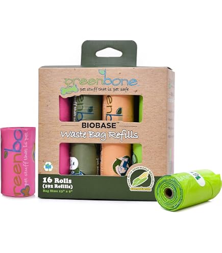 Greenbone BioBase Unscented Poop Bags - 300 Count Roll In Box Dispenser, Plant-Based Dog Waste Bags