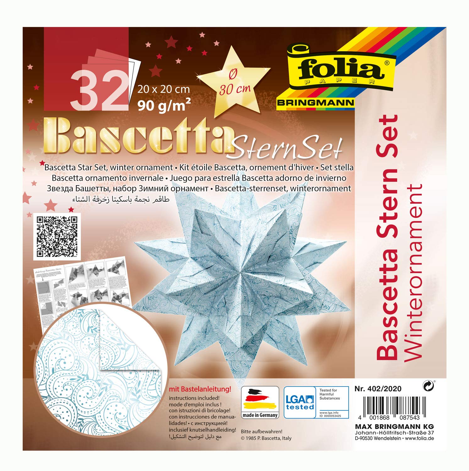 folia 402/2020 - Craft Set Bascetta Star Winter Ornament White/Ice Blue, 32 Sheets, 20 x 20 cm, Finished Size of Paper Star Approx. 30 cm, with Detailed Instructions (English language not guaranteed),