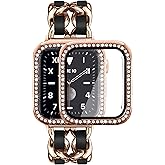 Mosonio Compatible for Apple Watch Band 44mm with Screen Protectors Case Women, Jewelry Bracelet Metal Bands with 2P Bling Cover for 44mm iWatch Series SE 6 5 4(Rose Gold Link with Black Leather)