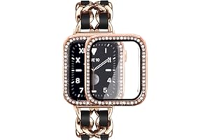 Mosonio Compatible for Apple Watch Band 46mm with Screen Protector Case Women, Jewelry Metal Chain with 2-Pack Bling Cover for iWatch Series 11 10(Rose Gold Link with Black Leather)
