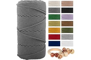 Macrame Cotton Cord 5mmx109 Yard 4 Strand, Munzong Natural Handmade 4 Twisted Cotton Rope for Wall Hanging Weaving Tapestry DIY Craft Knitting Plant Hanger Gift Wrapping Wedding Decor(100m, Gray)