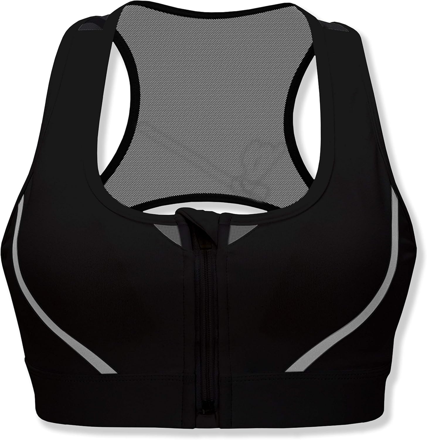 Cordaw Sports Bra Zipper Front with Reflective Stripe Mesh Back Padded Workout Bra Top Full