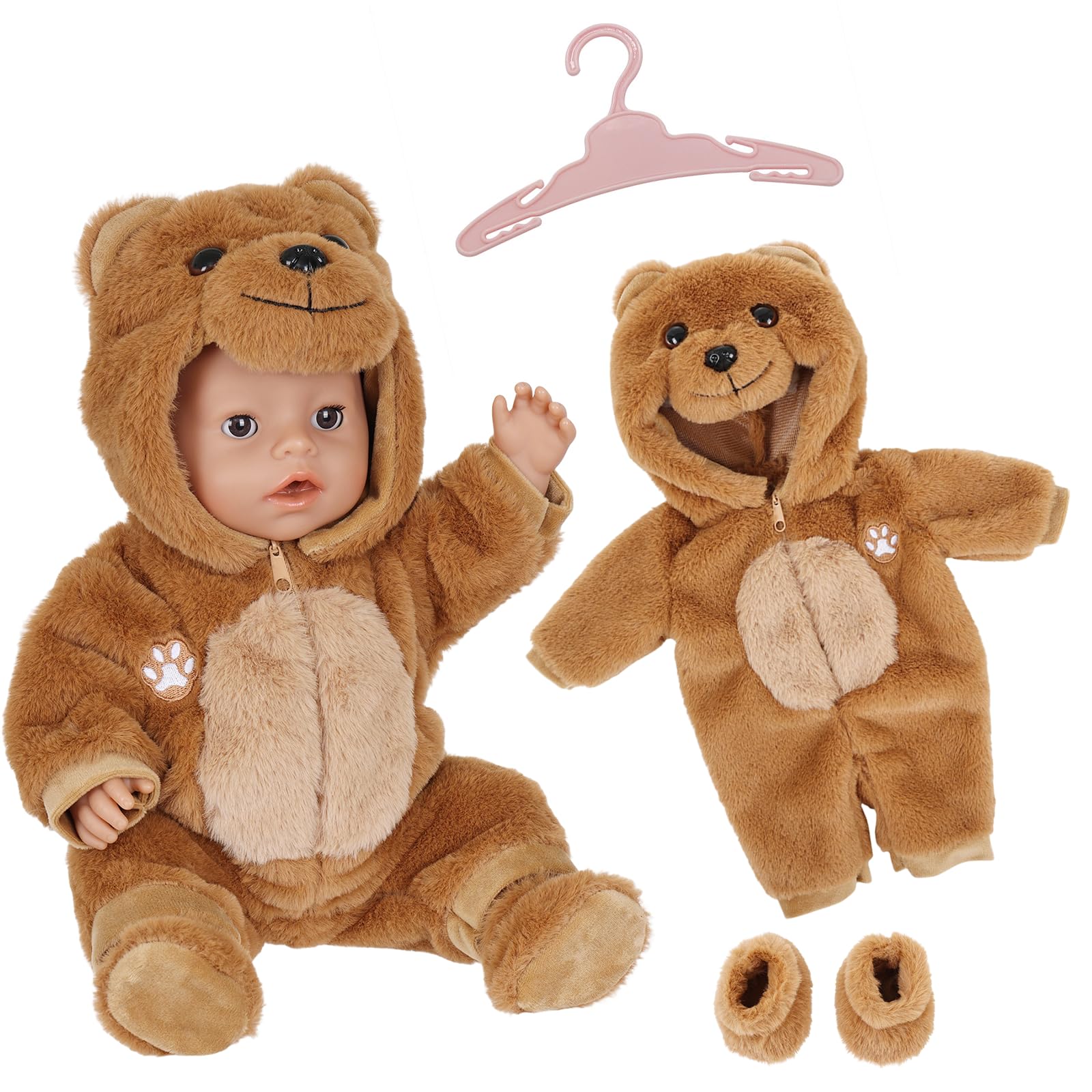 Doll Clothes for 14-18 Inch Baby Dolls, Cute Bear Doll Outfits with Overalls Socks Hanger for 35-45 cm New Baby Dolls, 43cm Sweet Doll Clothes Birthday Gifts for Children