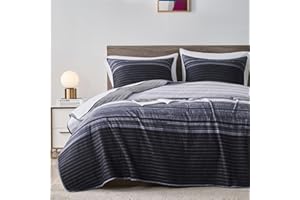 KAKIJUMN Full/Queen Quilt Bedding Set, Black White Grey Patchwork Striped Quilt Set, 2 Pieces Soft Lightweight Bedspread Coverlet Set with 1 Pillow Sham(Grey,Queen)