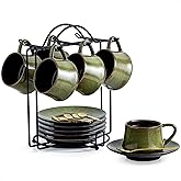 YHOSSEUN Ceramic Espresso Cups Set of 6, 4 Oz Expresso Shots Cup with Stand, Saucers & Spoons, Small Coffee Cup for Double Espresso, Mocha and Tea, Green