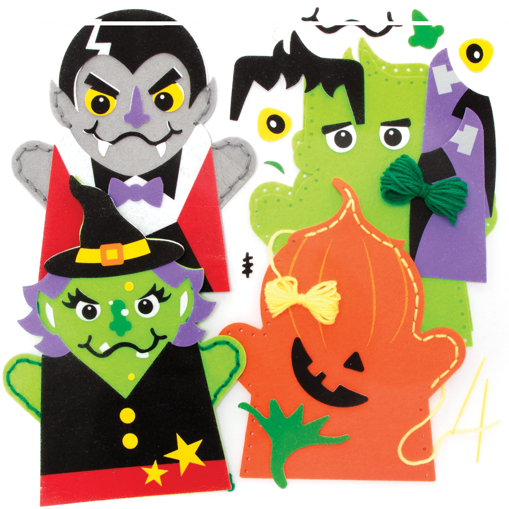 Baker Ross FE742 Halloween Hand Puppet Sewing Kits - Pack of 4, Hand Puppets for Kids, Sewing Set for Children, Ideal Arts and Crafts Project
