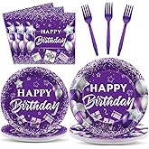 96 Pcs Purple Birthday Party Supplies Paper Plates Napkins Purple Silver Happy Birthday Tableware Set Dinner Dessert Table Decorations Favors for Women Girls Serves 24
