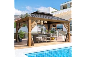 EROMMY 12' x 14' Gazebo, Wooden Finish Coated Aluminum Frame Canopy with Double Galvanized Steel Hardtop Roof, Outdoor Permanent Metal Pavilion with Curtains and Nettings for Patio, Backyard and Deck