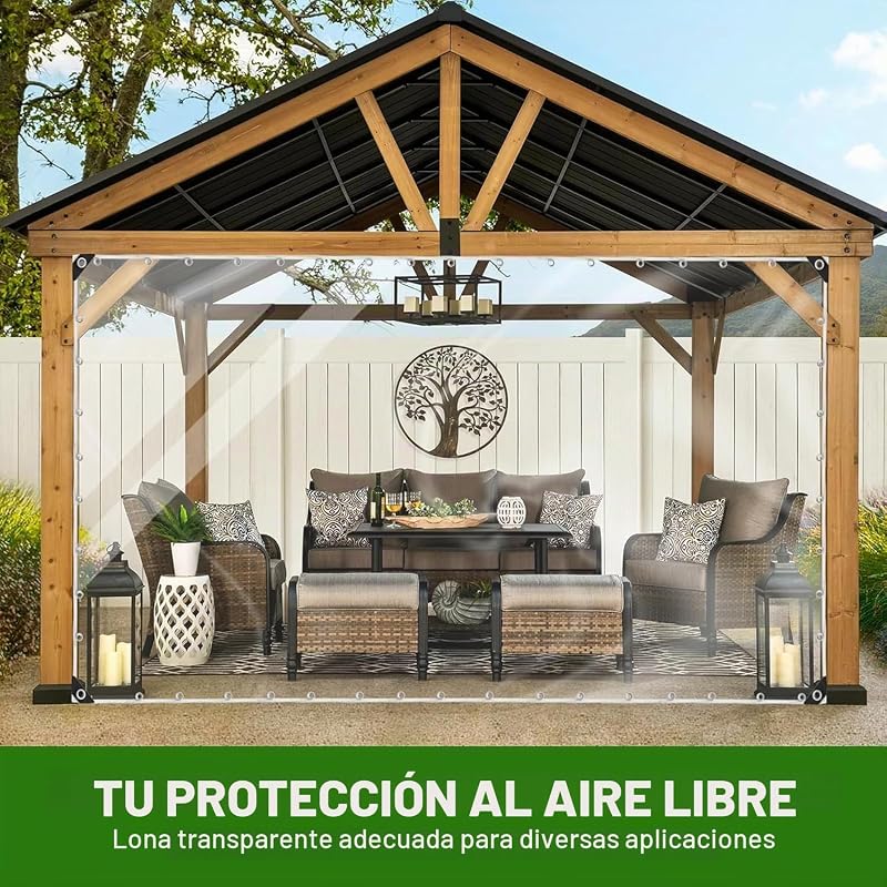Lona transparente com ilhós, PVC impermeável de 1x2m para exterior 450g/m², proteção UV e resistente a rasgos, inclui toldo de corda para pérgola, jardim, estufa e piscina
