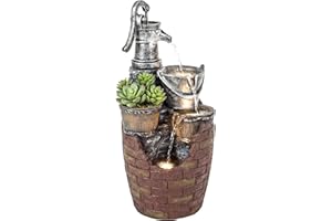 Outsunny Outdoor Fountain with 4-Tier Jugs and Planter, Cascading Waterfall Feature with LED Lights, Adjustable Flow, Resin F