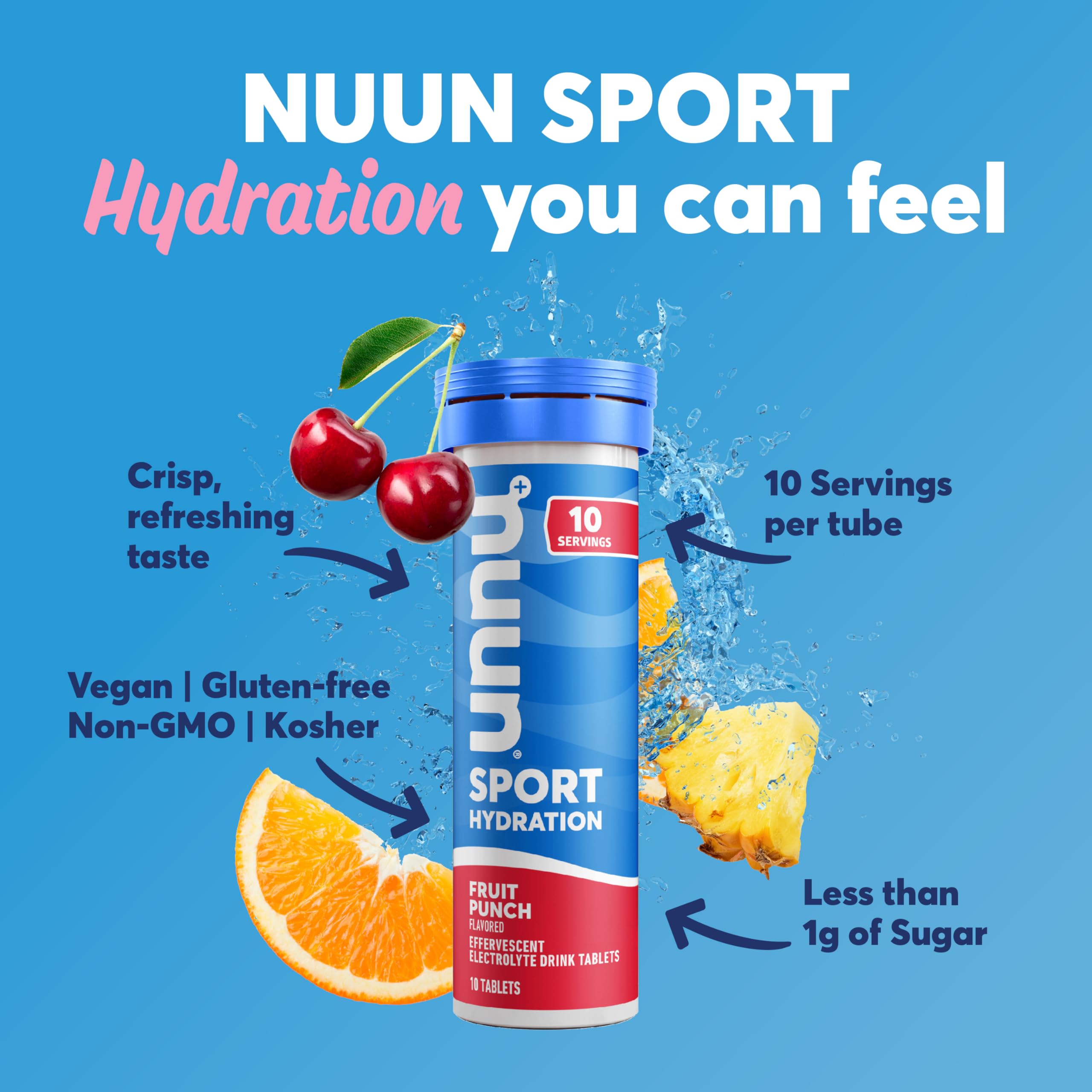 Nuun Sport Electrolyte Tablets with Magnesium, Calcium, Potassium, Chloride & Sodium, Gluten Free & Vegan, Fruit Punch, 8 Pack (80 Servings Total)