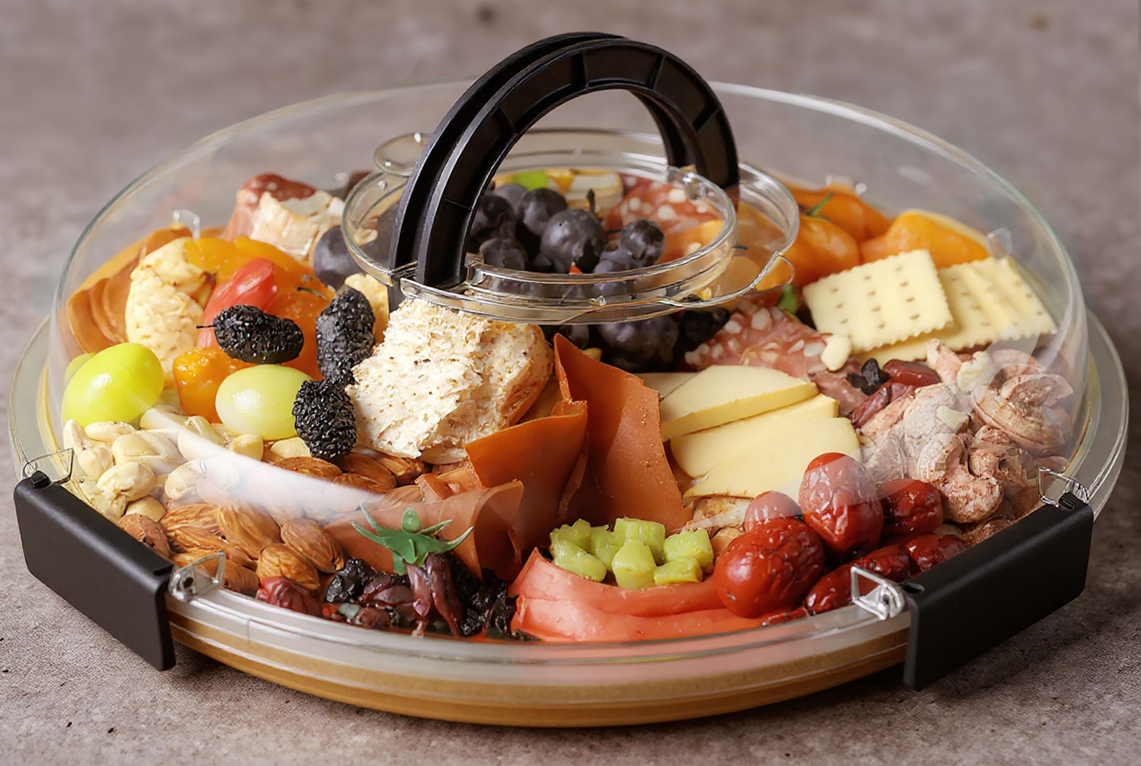 Photo 1 of Round Charcuterie Board with Clear Lid, Travel Picnic Portable Cheese Board Charcuterie Boxes, Meat Fruit Serving Tray Platter, House Warming Gifts New Home, Gifts for Women
