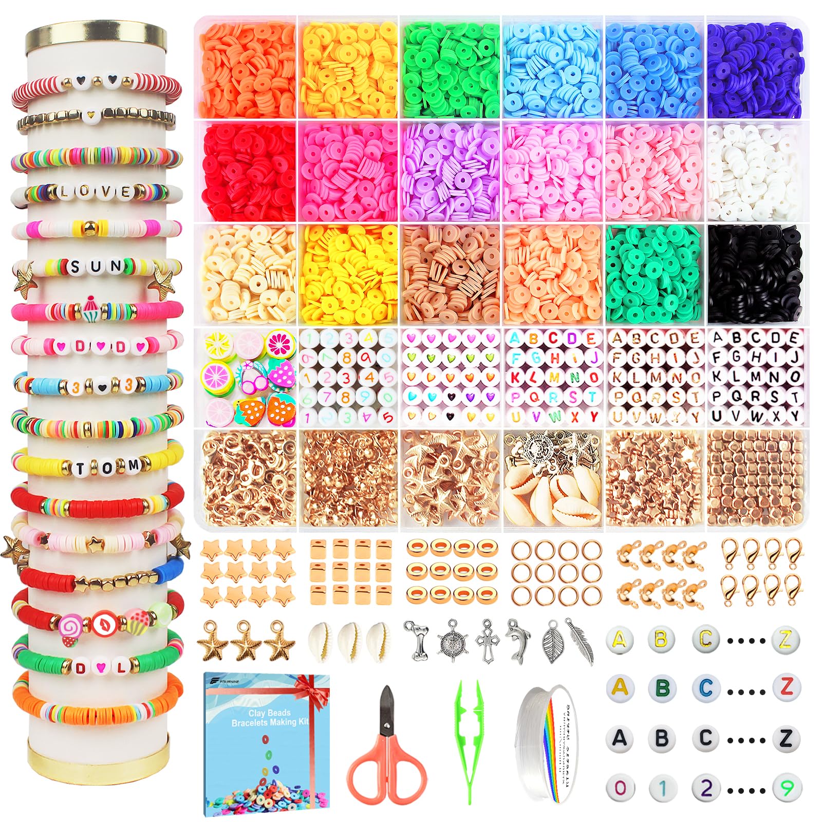 Fournine 5300 Pcs Clay Beads Friendship Bracelet Making Kit, Preppy Flat Polymer Heishi Beads for Jewellery Making Kit, with Charms DIY Craft Gifts for Teen Girls
